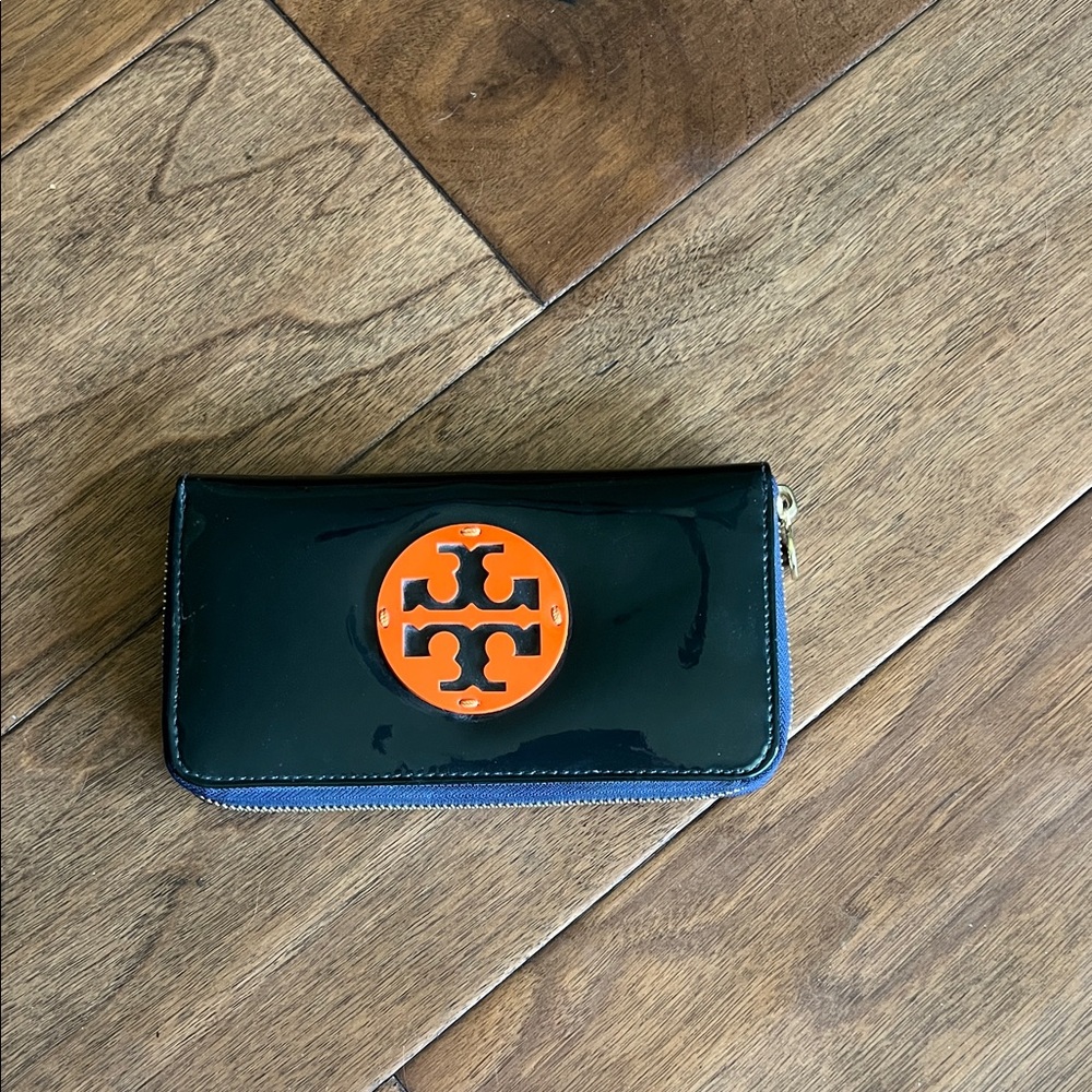 Tory Burch Navy Wallet with Orange Emblem